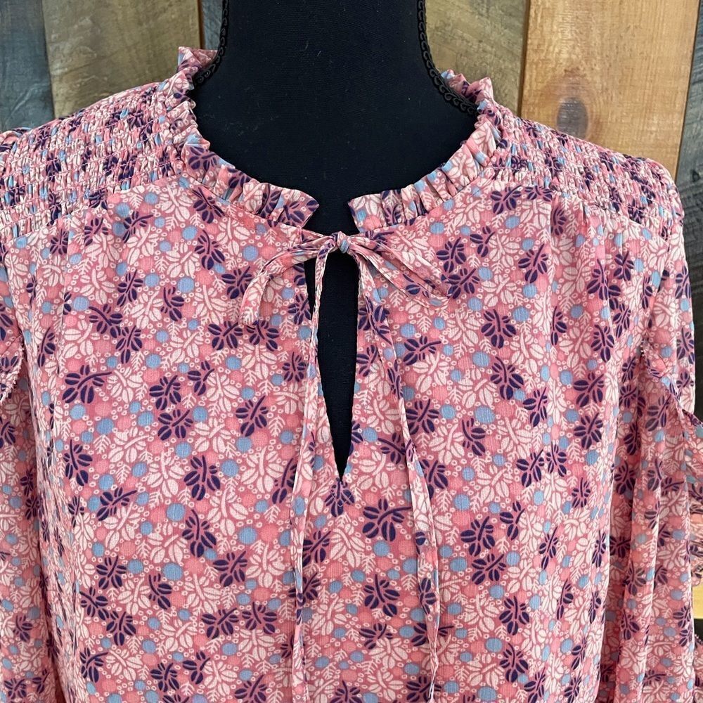 New with tags Talbots lined tie front top with semi sheer overlay, ruffle sleeve - Picture 2 of 8